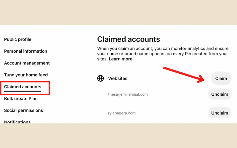 Claimed accounts Pinterest Settings