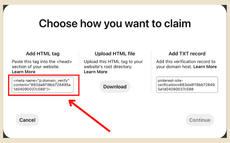 how to claim your website with Pinterest HTML tag method