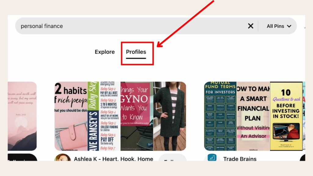Pinterest search bar profile tab group boards
